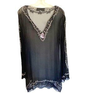 Sheer Silk Beaded and Sequined Boho Dress w/Belt